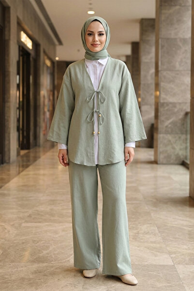 FERHEL Women's Front-Tie Kimono and Pants Set - Mint