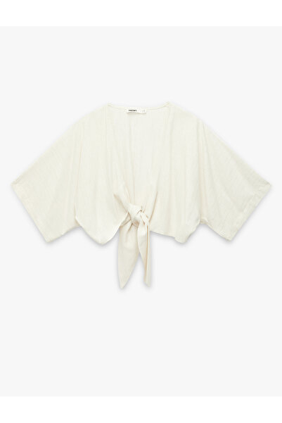 Koton Women'S Beige Stripe Linen Blend Blouse