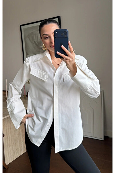 My Blog White Sleeve Detailed Buttoned Shirt with Padded Shoulders - 112257