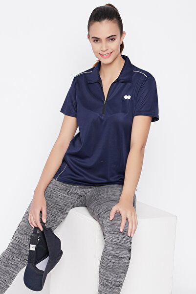 Clovia Comfort-Fit Active Polo T-shirt in Navy