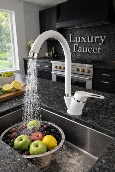 luxury faucet Premium White Kitchen Faucet – Chrome Detail – Swivel Spout – D...