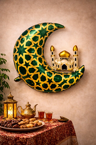Baloncu Dede Green Ramadan Moon Dome Foil Balloon Green Gold |   Moon and Mos...