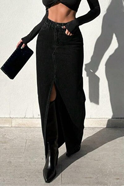 Mine Tan Butik Long Denim Skirt with Slit Detail - Black