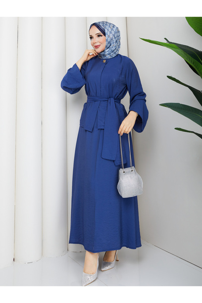 Wual giyim Women's Hijab Two-Piece Set – Modern Set with Belted Top & Long Skirt