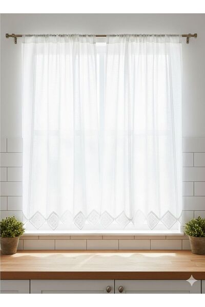 VANESSA PERDE Mutfak Perdesi Keten Zemin Üzerine Dantel İşlemeli Tül Perde Br...