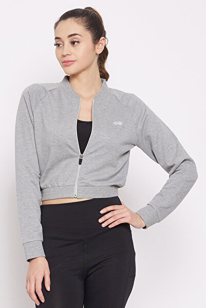 Clovia سويت شيرت رياضي قصير مريح بقصة مريحة باللون الرمادي الممزوج مع شعار عاكس