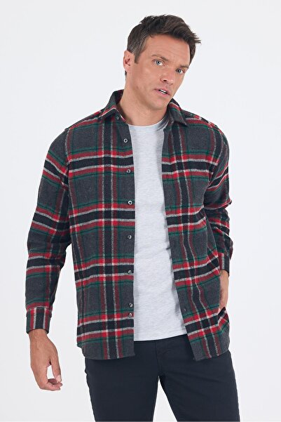 İmza Navy Blue Woolen Plaid Pattern Soft Collar Pocketless Long Sleeve Casual...