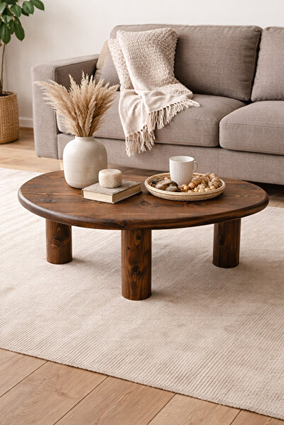 Trihome Masif Çam Organik Orta Sehpa – Koyu Ceviz Acı Kahve, 3 Silindir Ayakl...