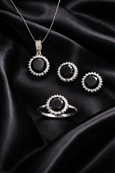 Onx Siyah Oniks Taşlı Halo 925 Ayar Gümüş Set – Kolye Küpe Yüzük Takım
