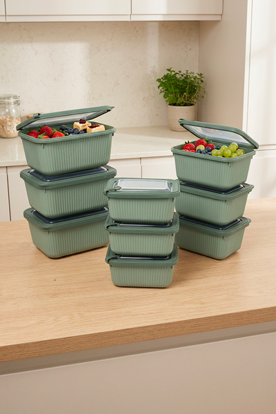 Homekolik Set of 9 Rectangular Storage Containers Green – Suitable for Microw...