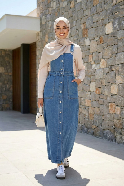 Hb Harma Time Butik Women's Blue Denim Salopet with Adjustable Straps and But...