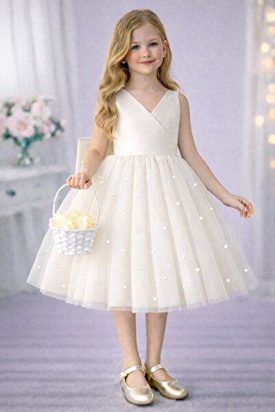 SUNEH Kız Çocuk Ekru Eteği İnci Detaylı Anvelop Yaka Mini Sade Balo & Doğum G...