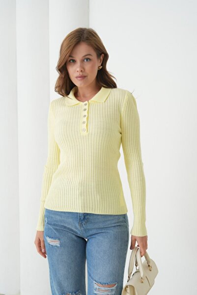 Arbucky Women's Shirt Collar Buttoned Ribbed Slim Knit Sweater