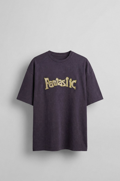 ablukaonline Ανδρικό T-Shirt Oversize με Κέντημα και Εφέ Πλύσης, Χρώμα Δαμασκηνί