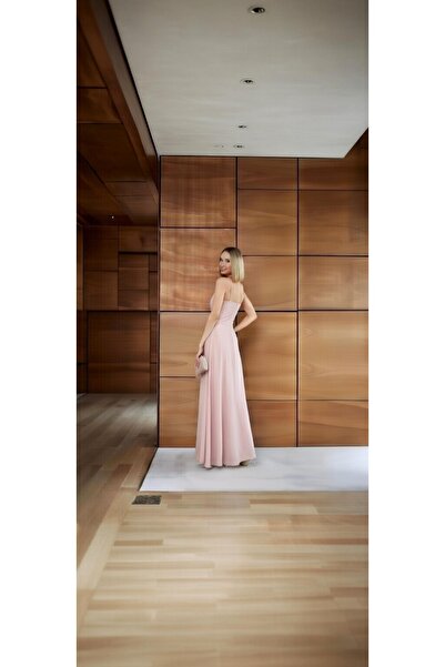 Liymens Moda Kadın Pembe Askılı Yırtmaçlı Uzun Abiye Elbise