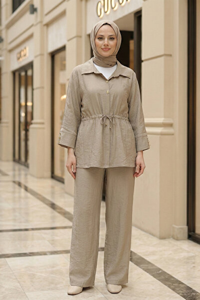 FERHEL Women's Cap Blouse and Pants Set - Cotton Crinkle Fabric - Mink