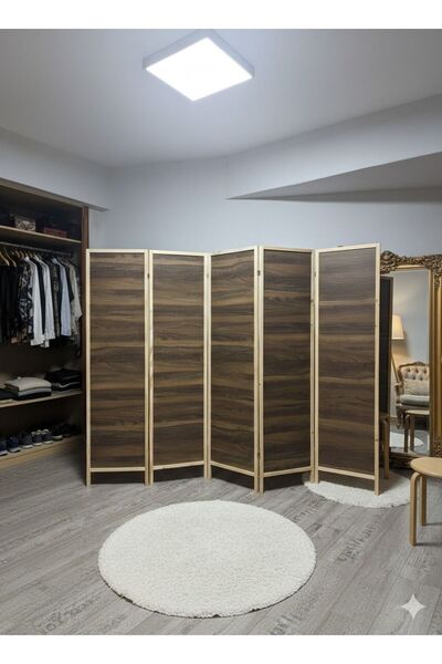 KARAS AHŞAP 5 Kanatlı Ahşap Paravan 225x175 cm Çift Taraflı Ceviz MDF Masif Ç...