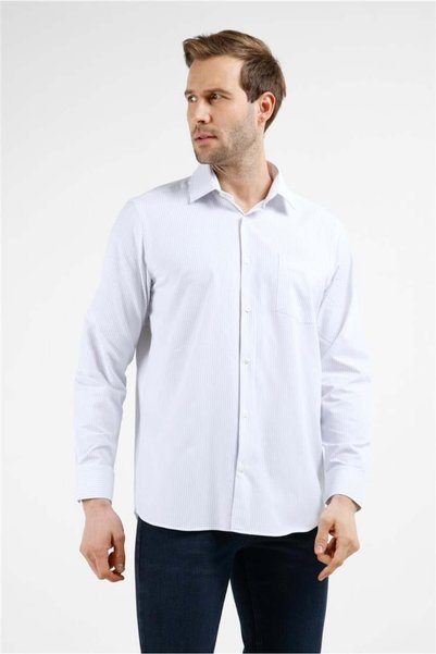 İmza White-Blue Striped Pattern Hard Collar Long Sleeve Pocket Comfort Fit Co...