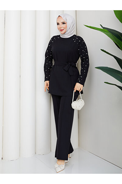Wual giyim Women's Pearl Detailed Hijab Two-Piece Set – Belted Top & Comforta...