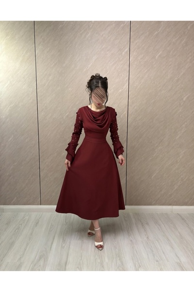 ALANOOD Dark burgundy midi dress with pearl-embellished bell sleeves and a dr...