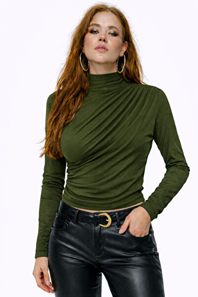 RAMİOR COLLECTION Women's Khaki Draped Turtleneck Long Sleeve Crop Blouse
