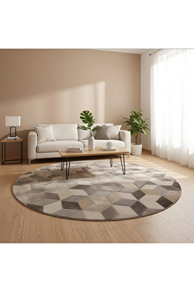 deco marié Gri-Bej Geometrik Yuvarlak Patchwork Dana Derisi Halı