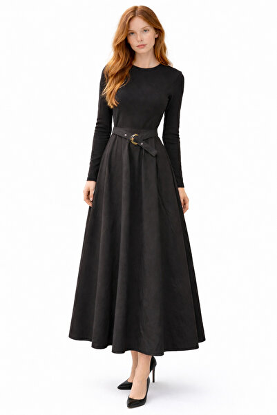 kikiriktekstil 10976 فستان نسائي أسود من القطن الممشط مزين بالزخارف وقماش الب...