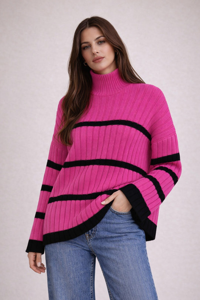 FERHEL Striped Knitwear Sweater with Sleeves - Fuchsia