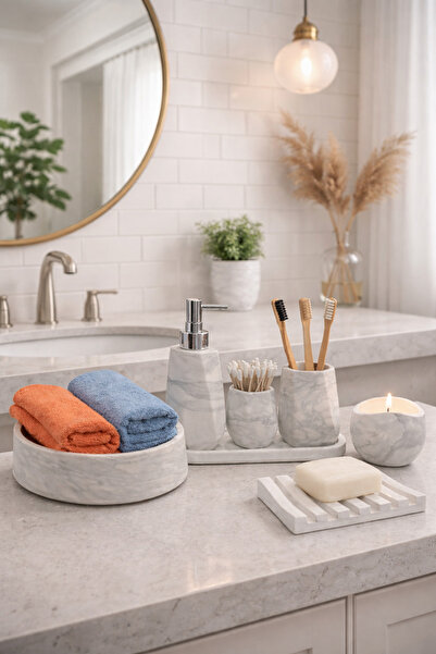 lufen deco Mermer Desenli 7'li Banyo Wc seti Sıvı Katı Sabunluk Havluluk vs. ...