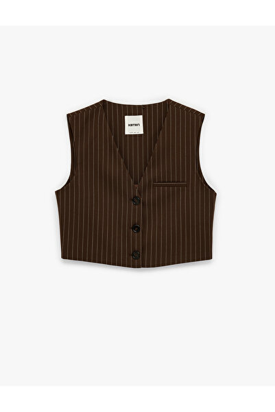 Koton Women'S Brown Stripe Striped Blazer Vest