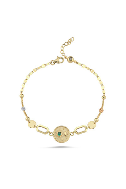 Sembol Gold Vintage Yeşil Taşlı Yuvarlak Motif Altın Bileklik17-20 cm