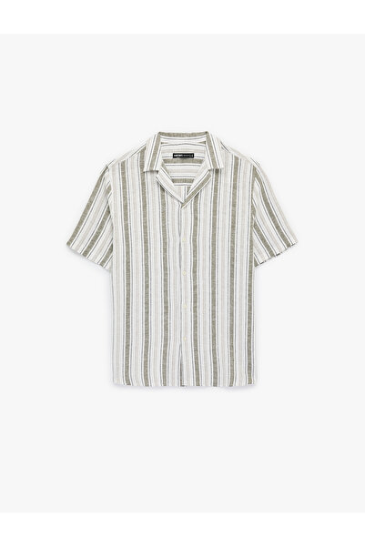 Koton Men'S Khaki Stripe Viscose Linen Blend Shirt