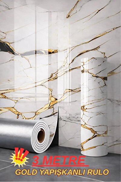 Renkli Duvarlar 60cm x 3 Metre Tek Parça Yapışkanlı Rulo Gold Mermer Desenli ...