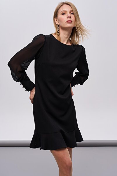 Journey Sıfır Yaka-Kol Tül Detaylı, Etek Ucu Volanlı Elbise