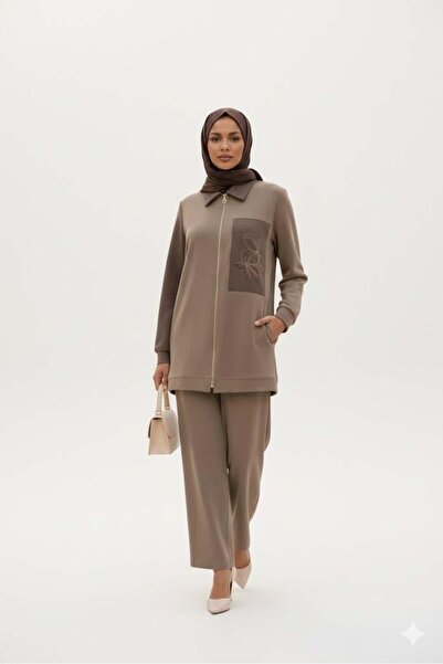 Armine Zincir İşlemeli Pantolonlu Takım - Sütlü Kahve