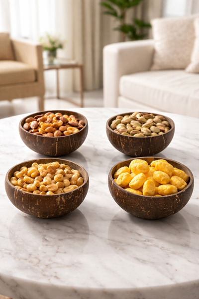 YzHome 4 قطع من أوعية جوز الهند الكبيرة المصنوعة يدويًا من مواد طبيعية لتقديم...