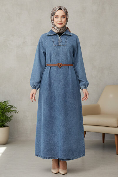 FERHEL Women's Half High Collar Zipper Pocket Long Denim Dress - Ice Blue