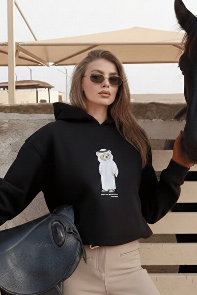 The Champ Clothing سويت شيرت نسائي كبير الحجم بقلنسوة على شكل دب قطري أبيض وأ...