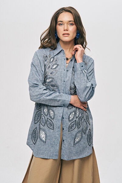 Orfeo Negro Women's Oversized Shirt with Front Pattern, Sequins and Bead Embr...