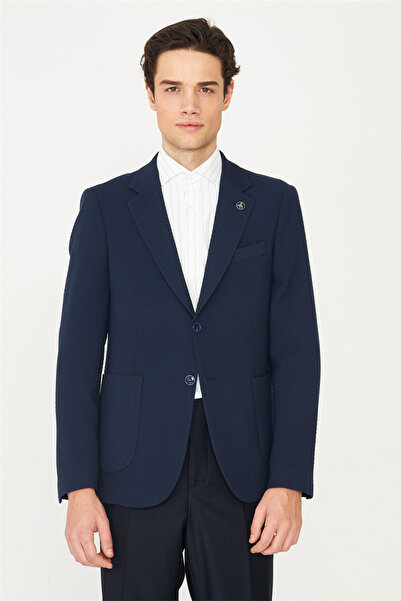White Stone Navy Blue Lightly Patterned Blazer Jacket