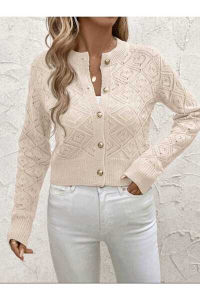 Gülçin Coşkun Baklava Pattern Buttoned Openwork Crew Neck Medium Length 100% ...