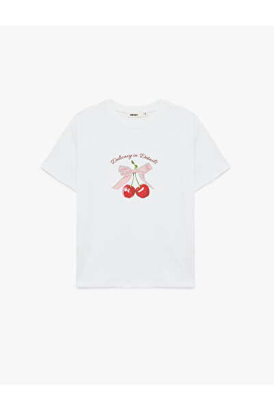 Koton تيشيرت نسائي أبيض مطبوع عليه كرز