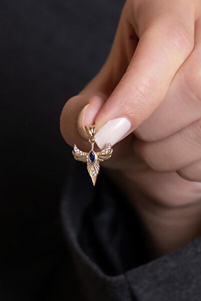 Bayar Gold 14 Ayar Altın Mavi Taşlı Anka Kolye Kuşu Kolye Ucu