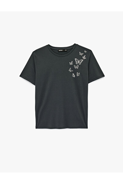 Koton Women'S Anthracite Butterfly Printed T-Shirt