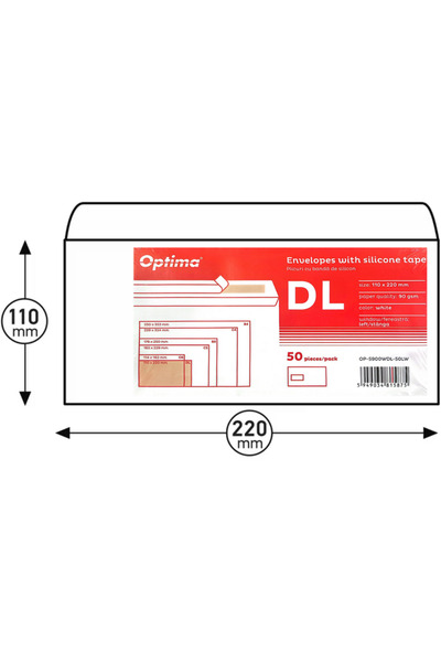 Optima Plicuri DL (110x220mm), adeziv siliconic, 50 buc/set, - alb - fereastr...