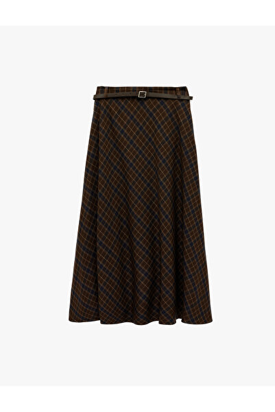 Koton Women'S Brown Check Midi Plaid Skirt