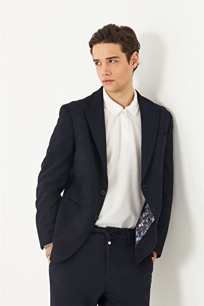 White Stone Navy Blue Light Textured Blazer Jacket with Pattern Inside