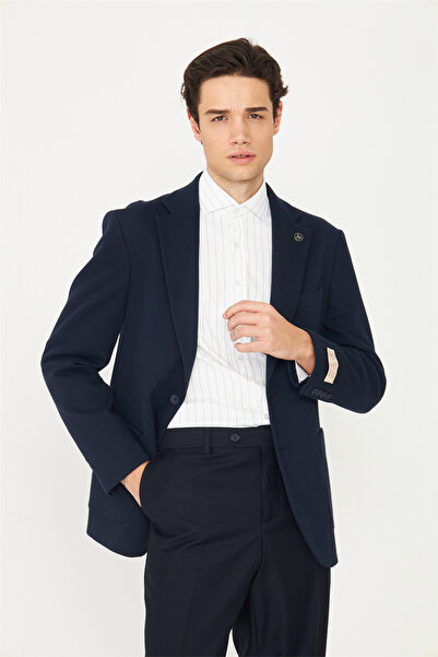 White Stone Navy Blue Classic Cut Blazer Jacket