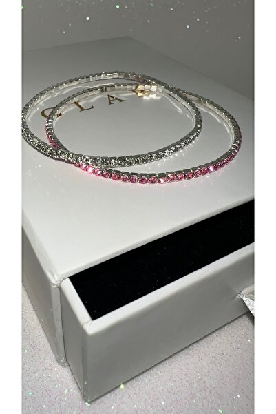 GLARE JEWELRY CO 2 ADET 1mm Pembe ve Beyaz Taşlı Gümüş Renk Paslanmaz Çelik E...