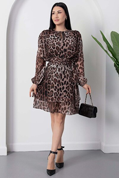 PULLIMM Φόρεμα λεοπάρ σιφόν με δέσιμο στο λαιμό και λαιμόκοψη V NY3299